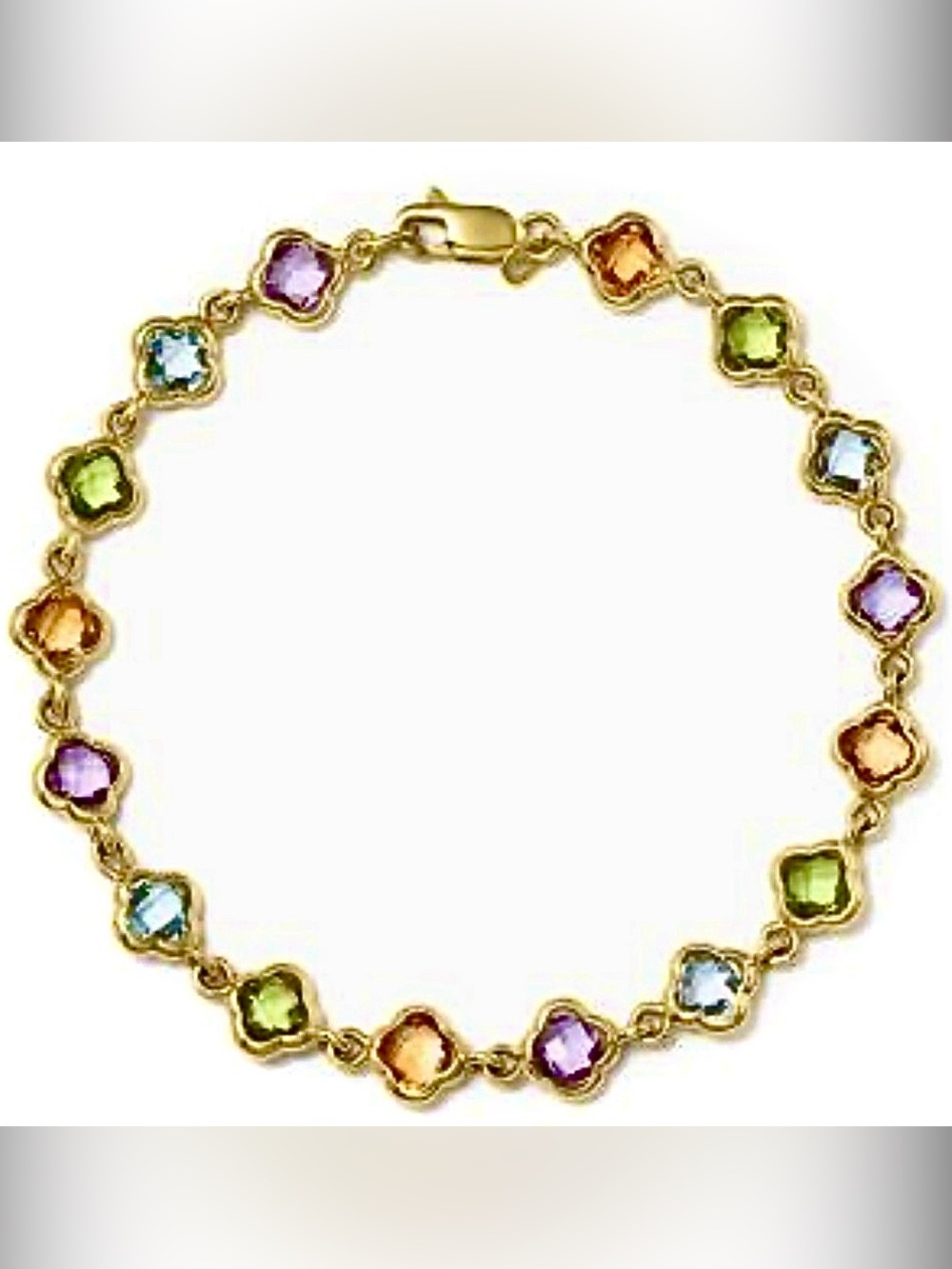 14k gold multi colored faceted gemstones clover motif shaped bracelet bezel set